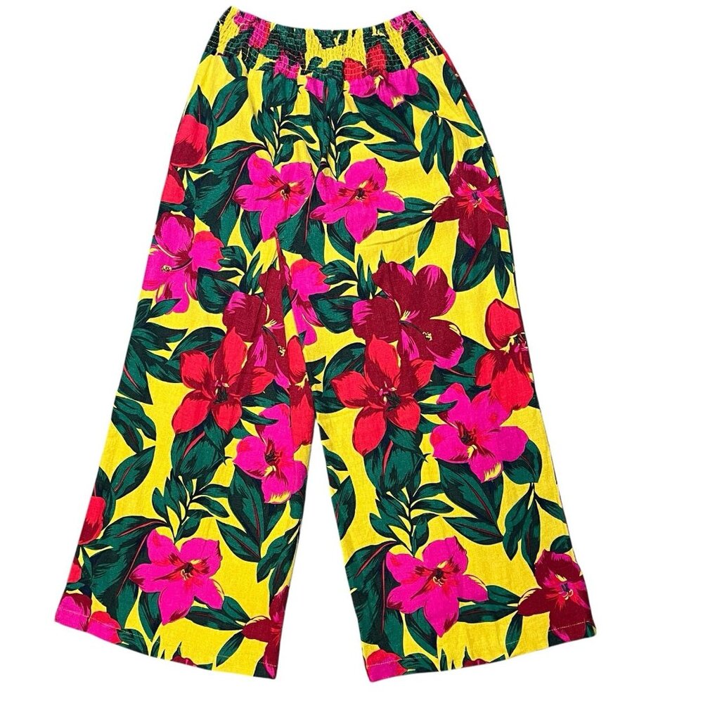 Tahari Women Wide Leg Linen Pants Medium Size Tropical Cropped Floral Pull On - Picture 3 of 13